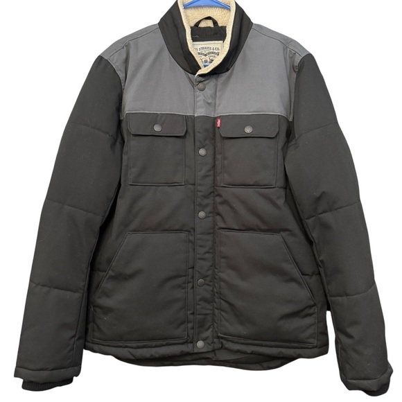 Levi’s Men’s M Black Gray Puffer Jacket Sherpa Collar Lined Winter Coat - Picture 1 of 11